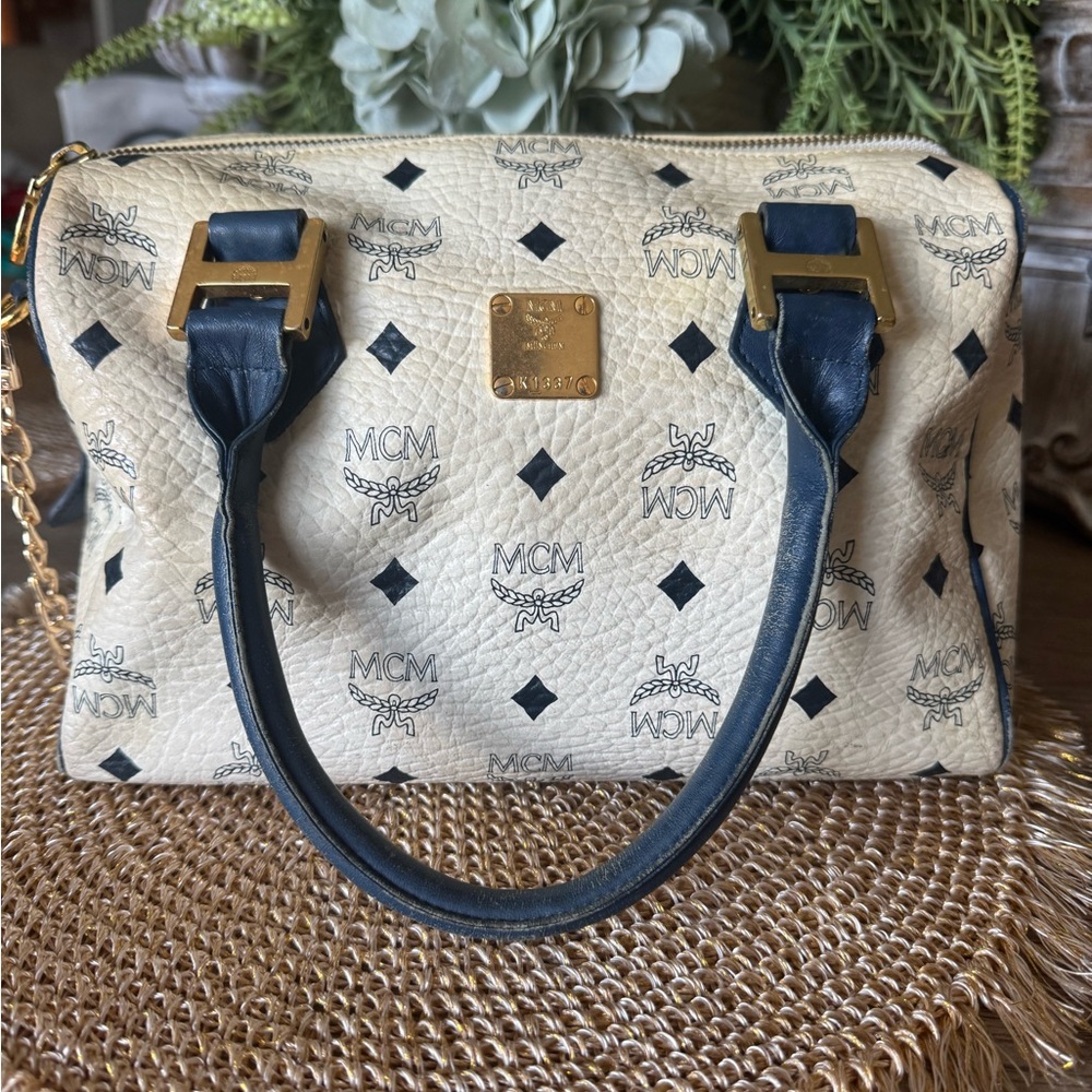 MCM Beige Visetos Satchel with Navy Leather Handles & Gold Hardware